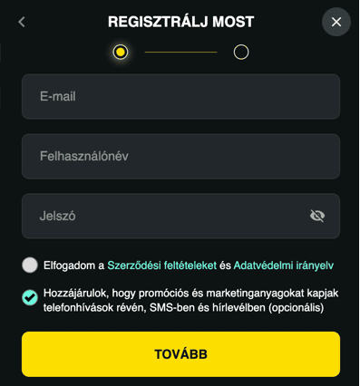Regisztr&aacute;ci&oacute; 1Bet casino